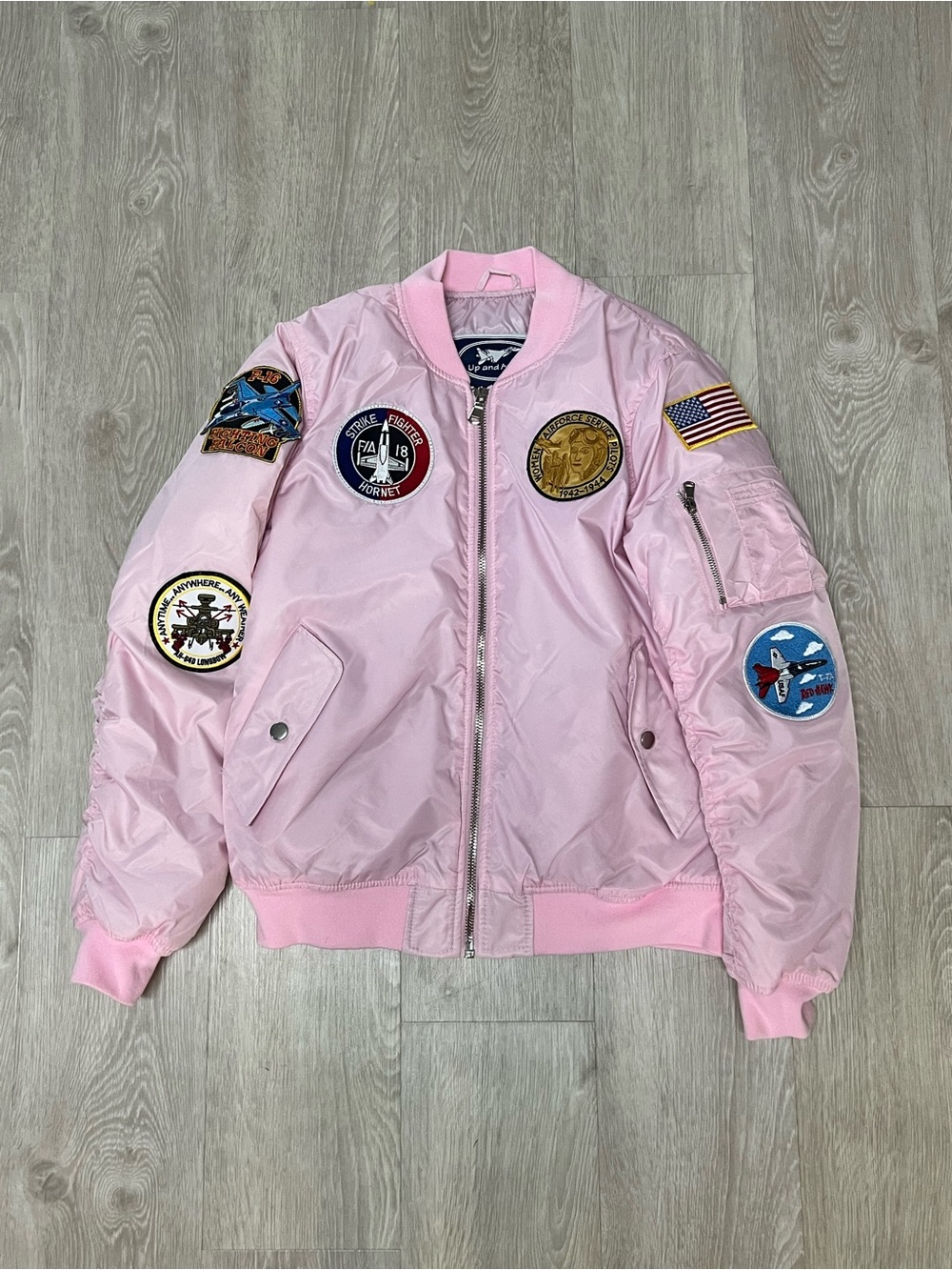 Up and Away Pink MA-1 Flight Bomber Jacket Aviation Patches Women’s L